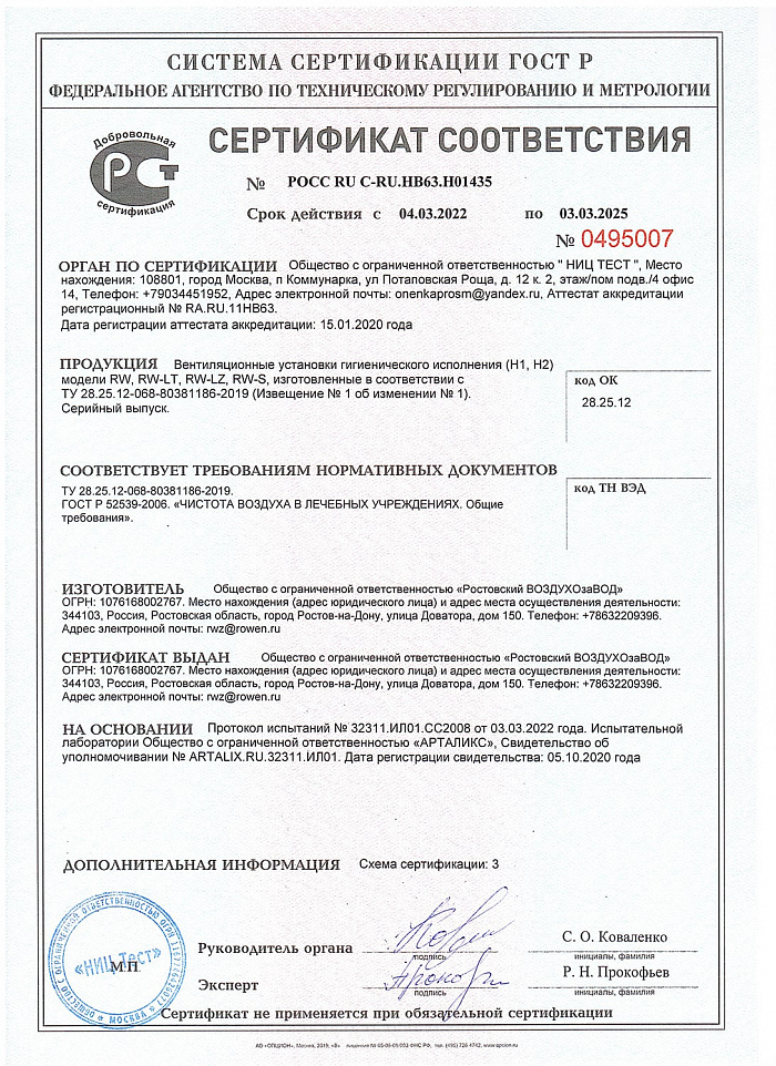 Добровольный сертификат соответствия на вентиляционные установки RW, RW-LZ, RW-LT, RW-S гигиенического исполнения